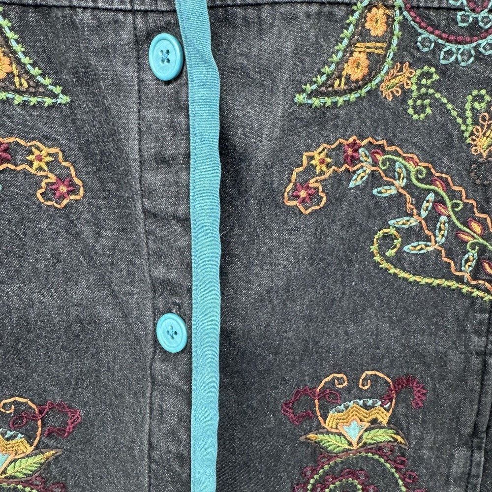 VTG Denim &‎ Co Black Denim Jacket Multicolor Embroidery Floral Women's Lg Y2K - Picture 4 of 8